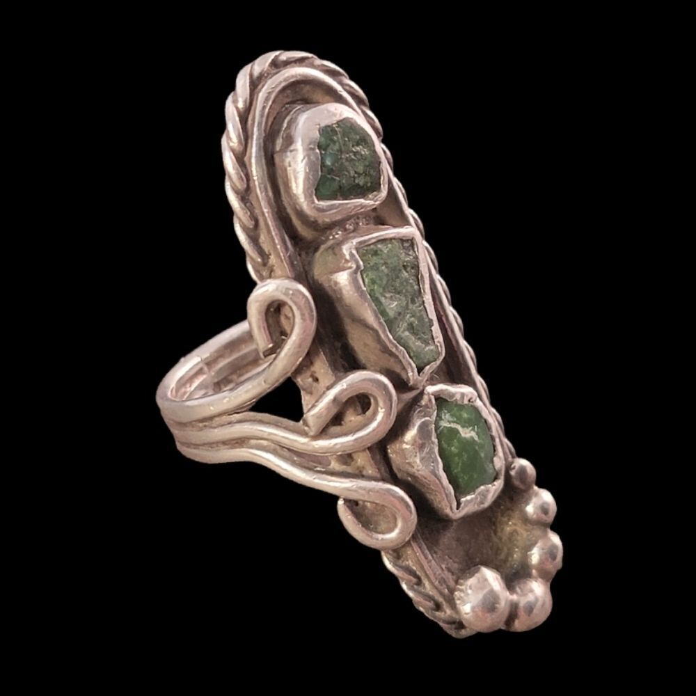 Old Pawn Navajo Organic Three Green Freeform Shaped Bezel Set Turquoise Ring B…
